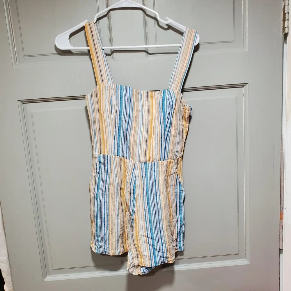 Reformation Women's Romper Size 4 Square Neck‎ Sleeveless Linen Pockets Summer
